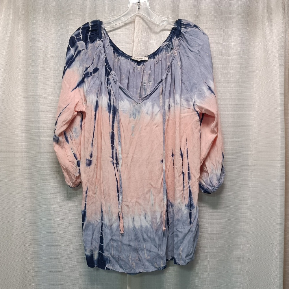 Promesa Women Pink Blue Tie Dye Tunic Top Boho V-Neck Blouse Medium Casual USA